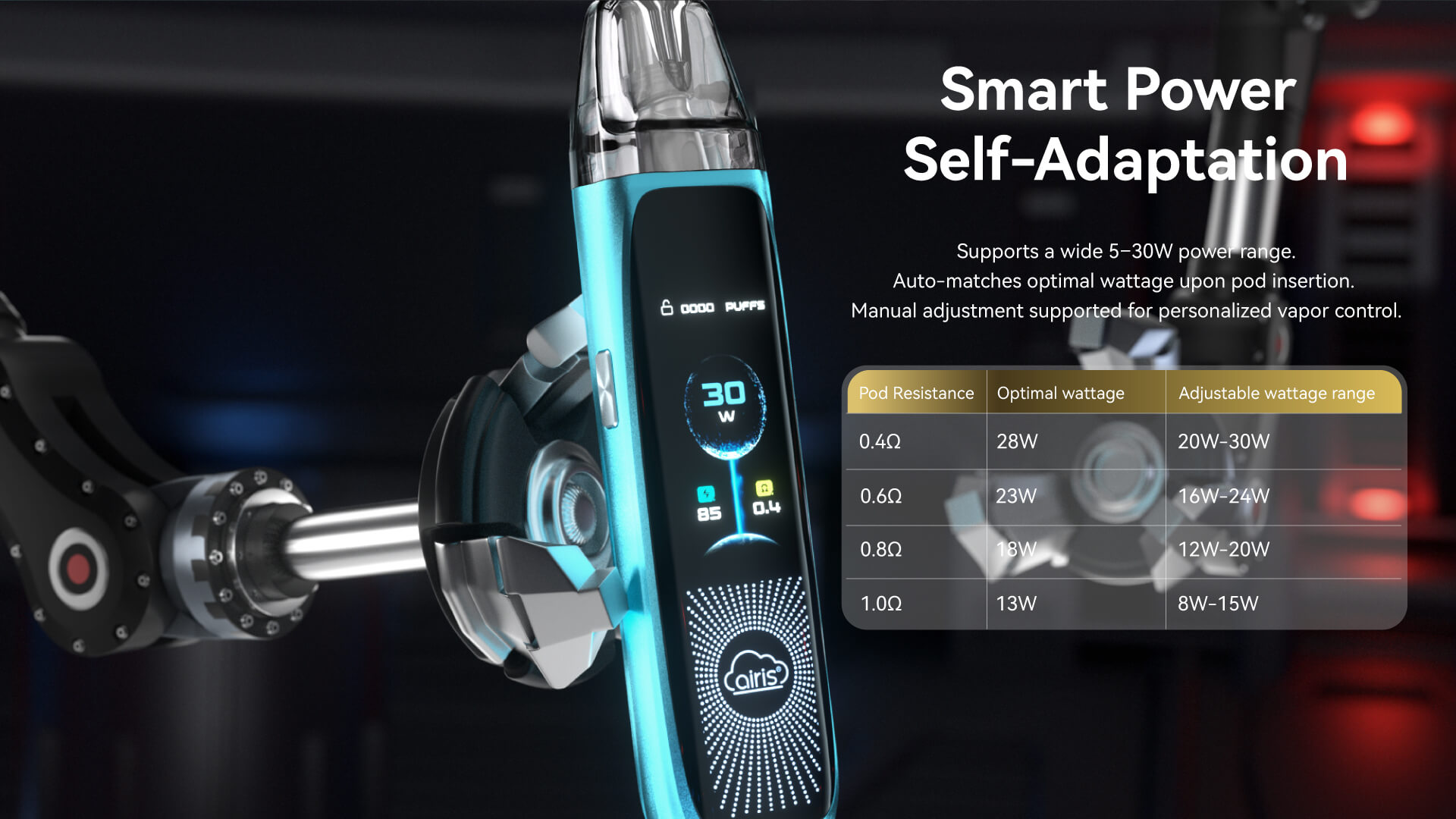 Supports a wide 5-30W power rangeAuto-matches optimal wattage upon pod insertion.Manual adjustment supported for personalized vapor control.